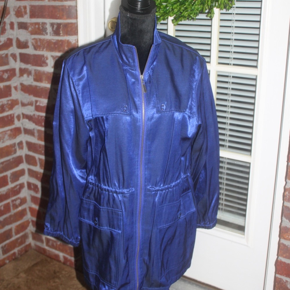 Ruby Rd royal blue shiny fabric zip front jacket 2 pockets 3/4 sleeve sz 12 EUC